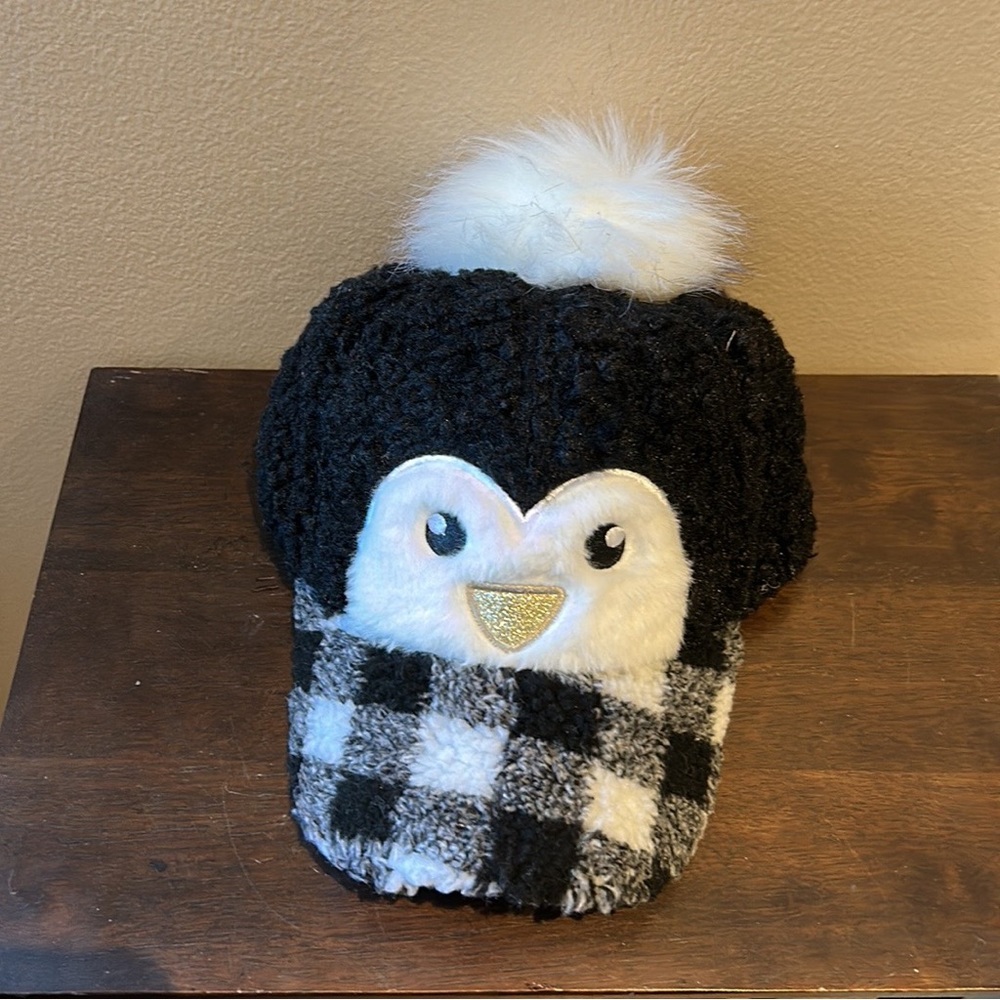 Penguin  Sherpa Hat New Christmas Accessory Black White Plaid Cap